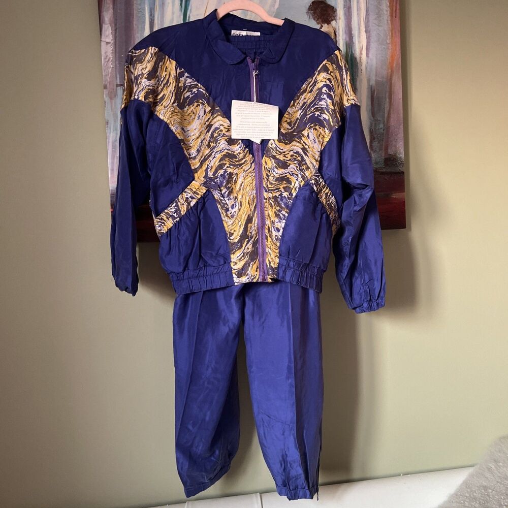 VTG Frenchic 100% Silk Track Jacket Set Blue Yellow Lined Tracksuit S NWT